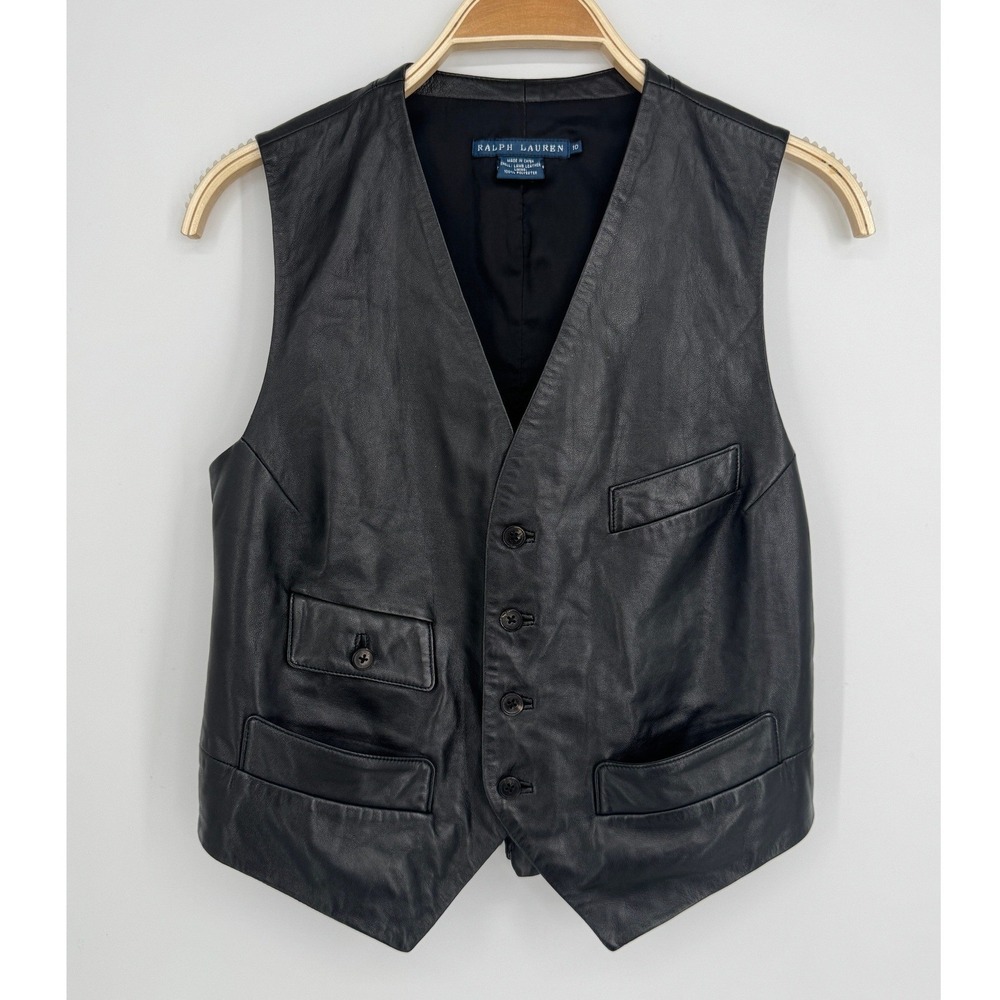 Vintage Ralph Lauren Lamb Leather Vest Size 10 Black Biker Moto Goth Edgy Grunge